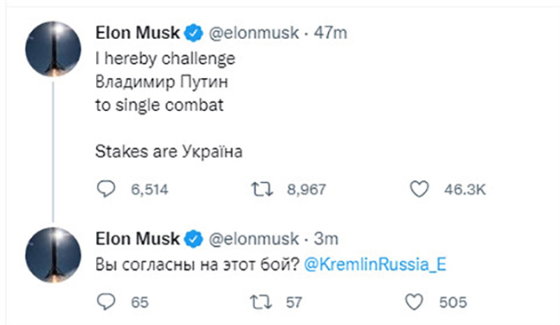 Encore sur Twitter, Musk défie le Kremlin (littéralement) : "Par la présente, je défie Vladimir Poutine en duel.”